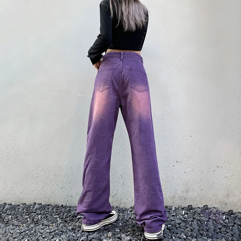 Women Korea Style Gradient Purple Color Jeans Spring And Summer Commuting Pants High Waist Wide-leg Fashion Women\'s Trousers