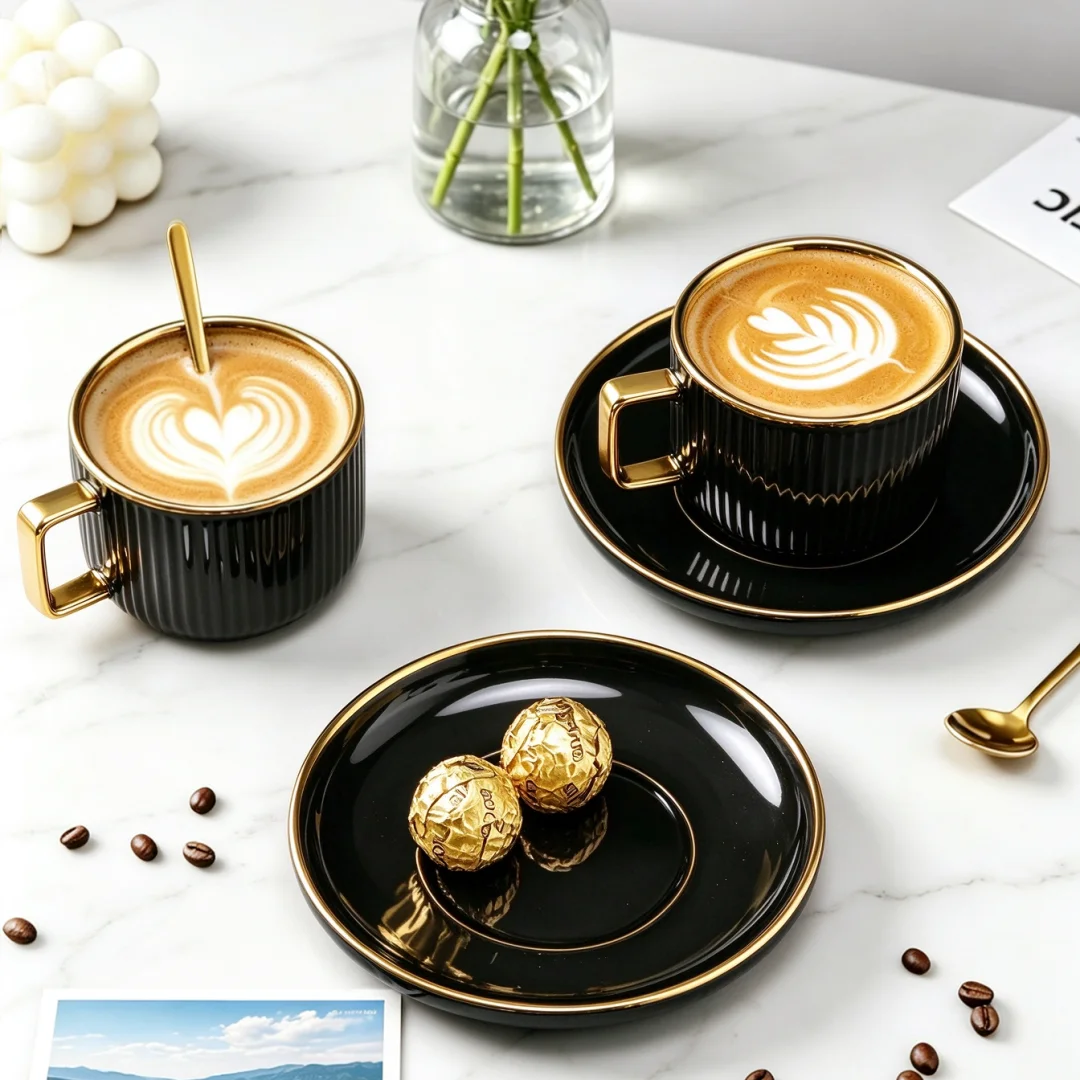 Black Gold Rim Coffee Cup & Saucer Set of 4, 300ml Fluted Mug with Golden Spoon for Afternoon Tea Home Decor