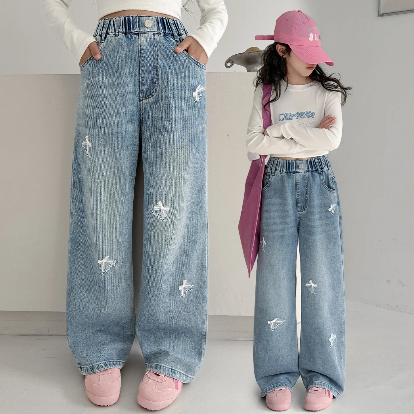 

Весенние детские джинсы прямого кроя с вышивкой в виде банта и букв для девочек-подростков, модные брюки, школьные джинсовые штаны для детей