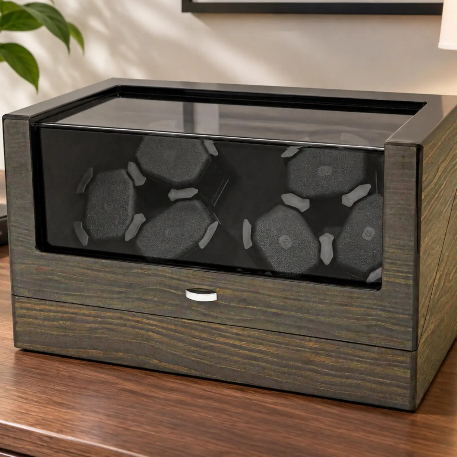 Electric Watch Winder Organizer with Hinged Lid and Power Input for Mechanical Timepieces 6 Watch Capacity Gold Tone