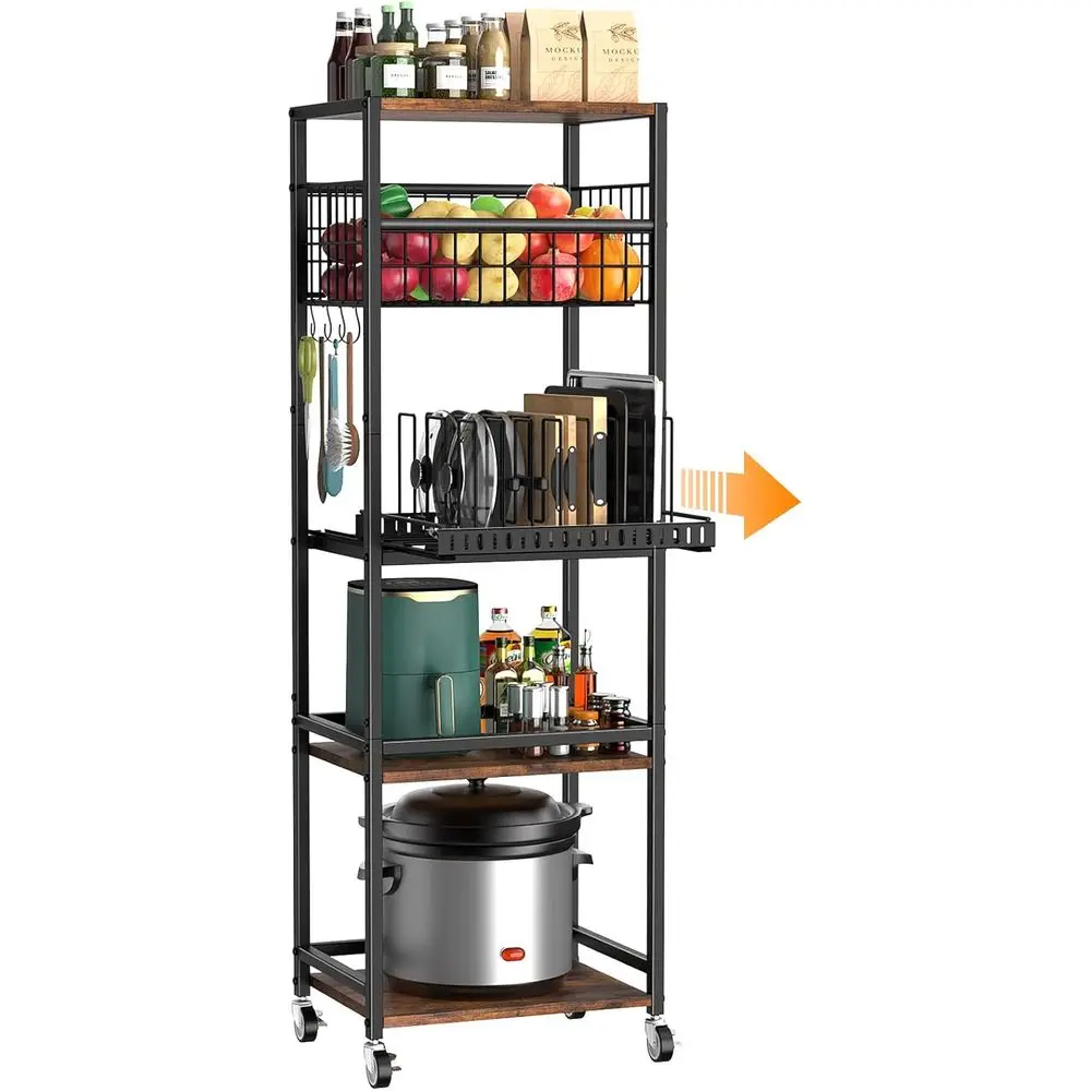 

5 Tier Kitchen Rolling Cart, Storage Cart with Metal ruit Vegetable Basket and Pull-Out Pot Lid Cutting Board Organizer, Storage