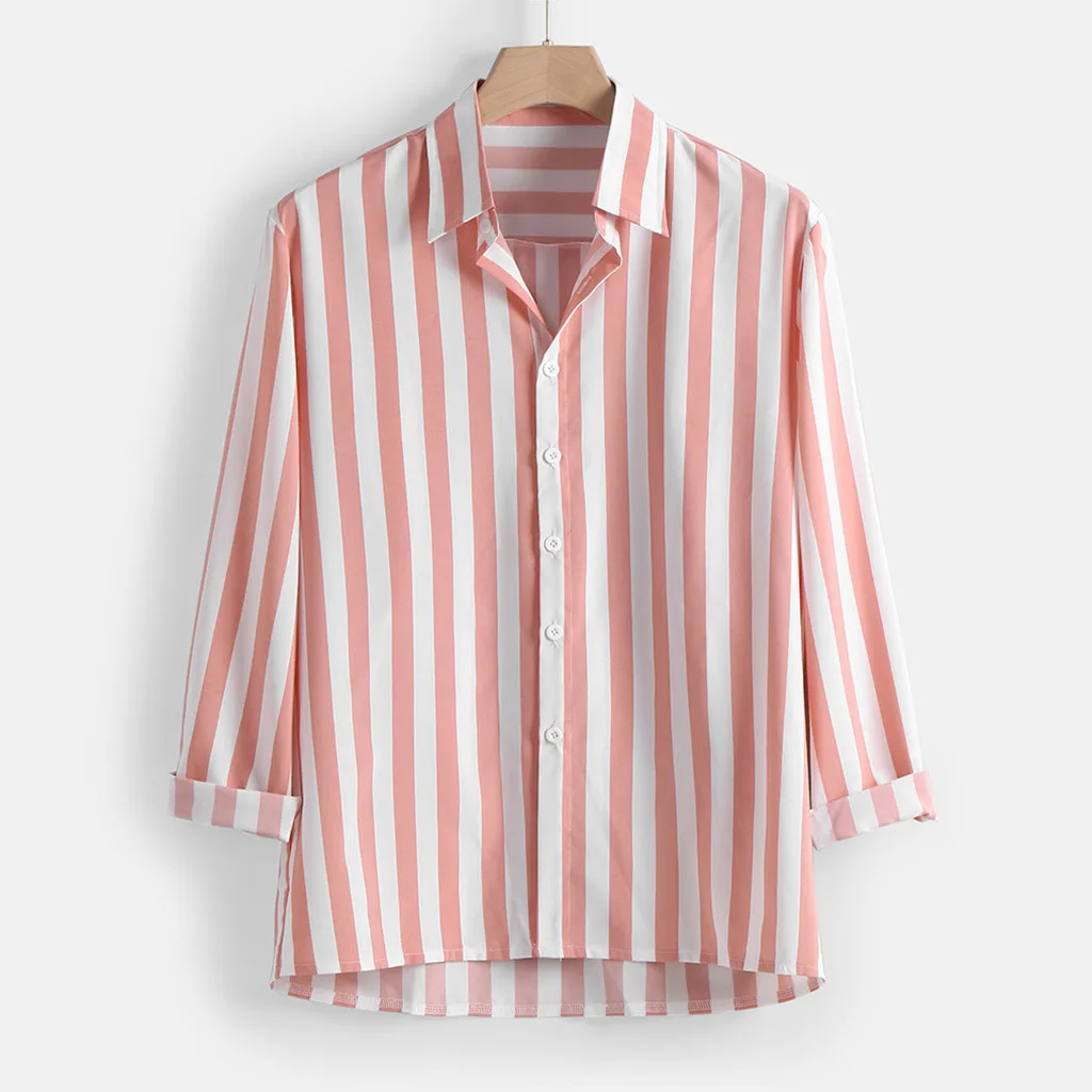 Men Pink Stripe Shirt Long Sleeve Spring Male Casual Print Button Down Baggy Shirts Blouse Clothes