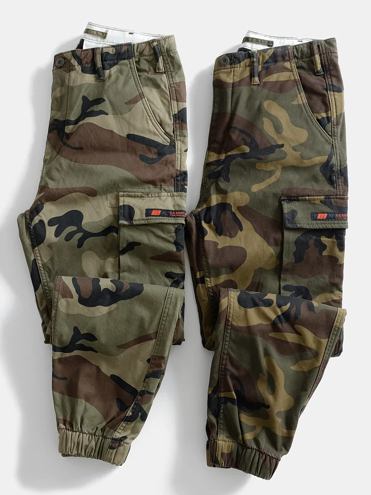 

Thiened Fce Lined Vintage Camouflage Loose Fit Men's Work Trousers Multiple kets Warm Winter Casual Pants