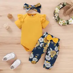 Newborn Baby Girls Clothing Set Short Sleeve Bodysuit +Floral Pants with Bow + Headband 3PCS Outfits Toddler Baby Girl Clothing