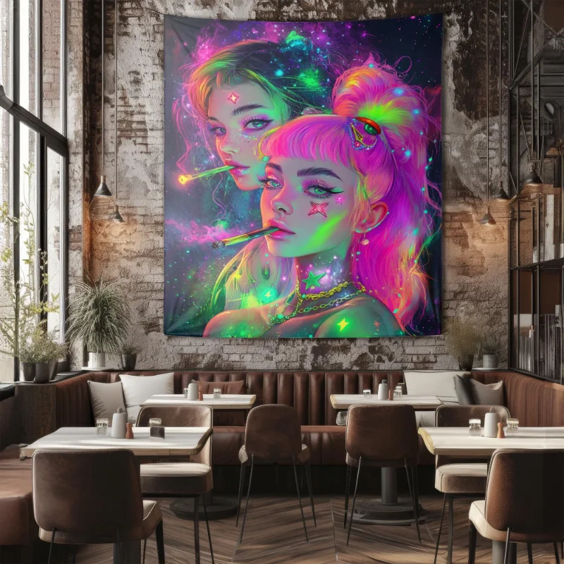 VIKAMA Blacklight Girls Portrait Tapestry Wall Hanging Neon Makeup Purple Hair UV Reactive Aesthetic Wall Art Bedroom Dorm Decor