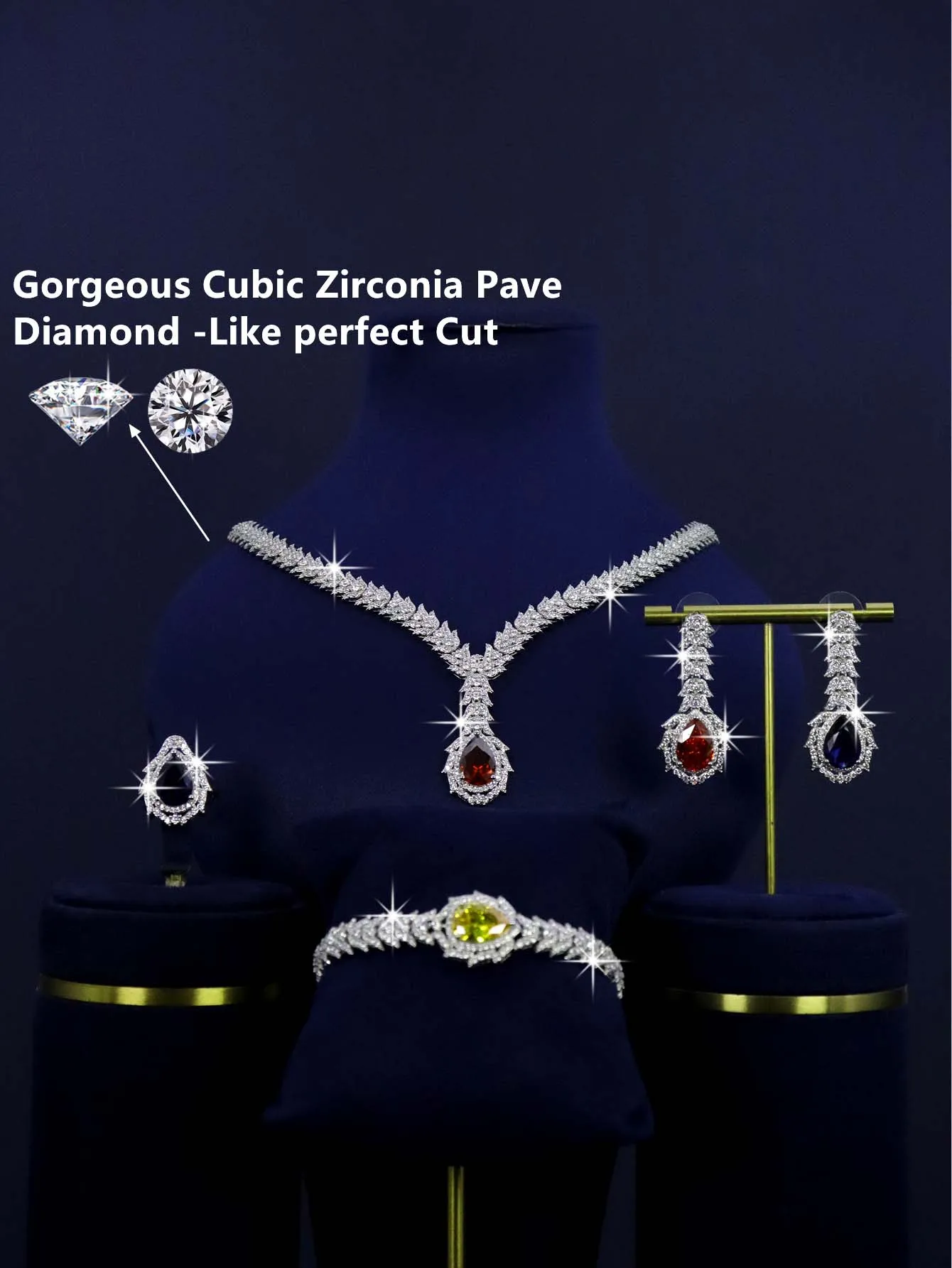 V-shaped line design for bride's wedding jewelry necklace set with inlaid colored zirconia suitable for women's daily wear