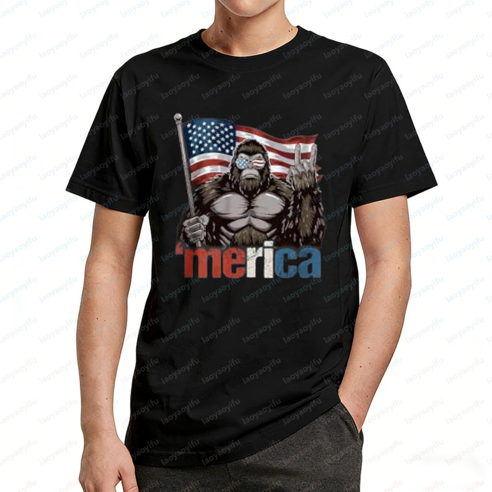 

4th of July T-Shirt Gorilla American Flag Design Tops Patriotic Heritage Cotton Tee Funny Vintage Classic Fashion Man Streetwear