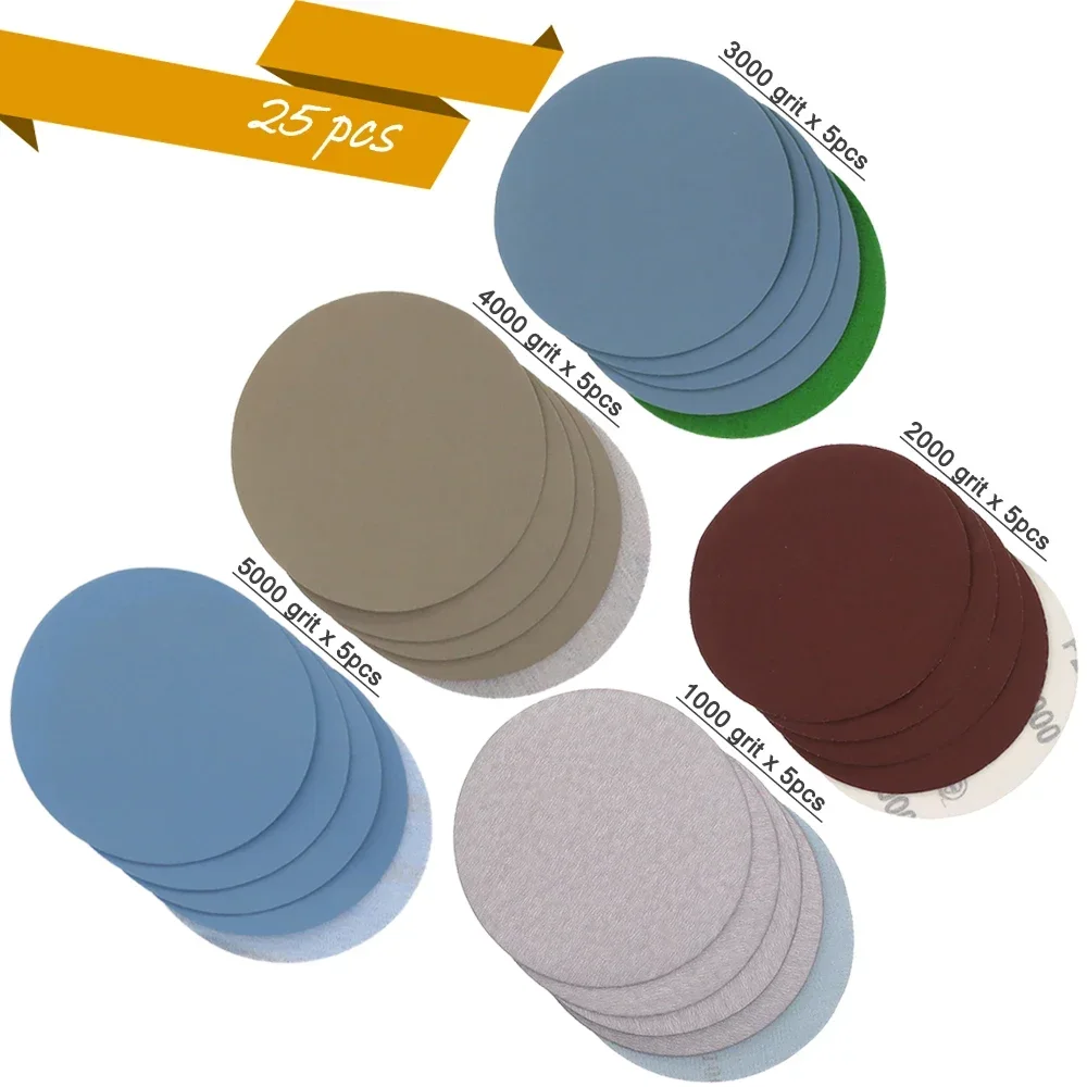 

25PCS 1 /2/3/4/5 Inch Assorted Sandpaper Hook and Loop Sanding Disc 1000# /2000# /3000#/4000# 5000#Grits for Sanding Polishing