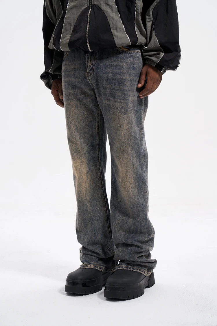 High Street Designer Wear Style Mud Dyed Distressed Fashion Brand Slightly Flared Casual Loose Jeans Men