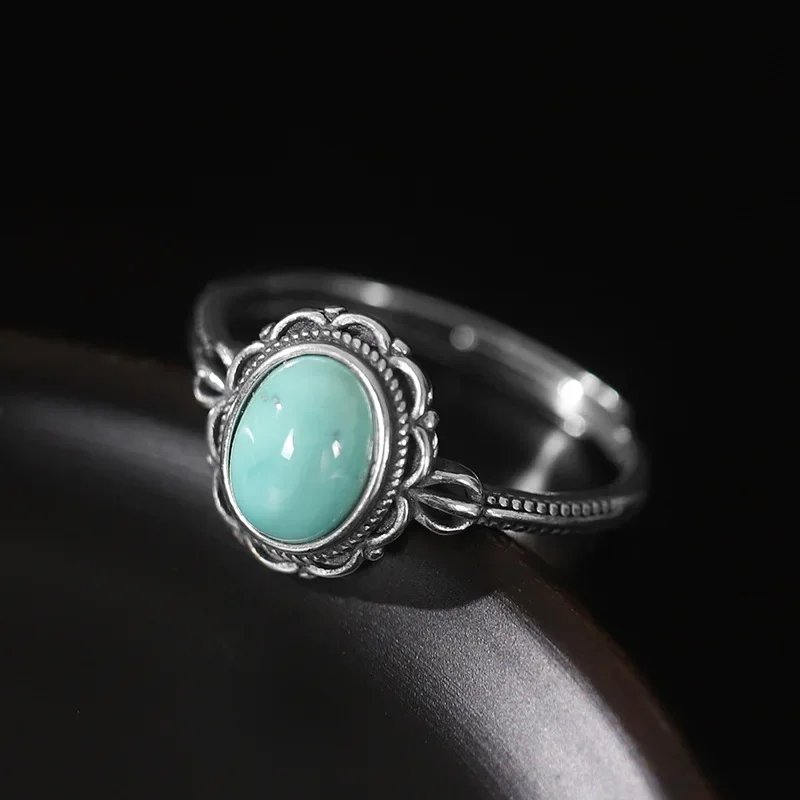 

Natural Turquoise S925 Silver Ring with Adjustable Opening Vintage Fashion Simple, Auspicious and Happy Jewelry Accessories