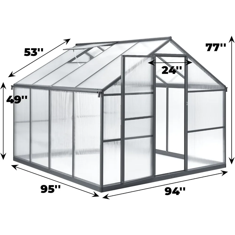 8 X 8 FT Greenhouse with Adjustable Roof Vent, Polycarbonate Garden Backyard Greenhouses, Aluminum Large Walk-in Greenhouse