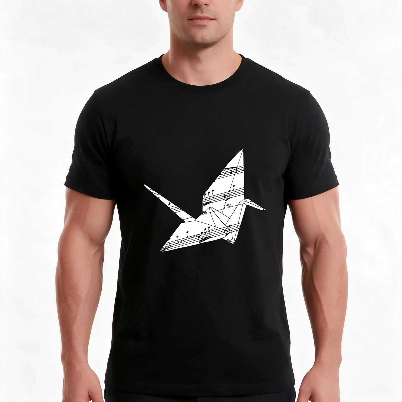 Origami paper crane musical notes T-Shirt, Summer Casual Cotton Tee, Oversized Streetwear Tops, Vintage Graphic Print