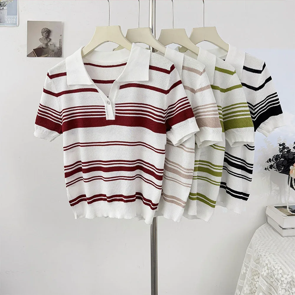 

Женская футболка с отложным воротником, в стиле колор-блок, с полосками, минималистичный стиль, новая летняя винтажная футболка, повседневная женская одежда