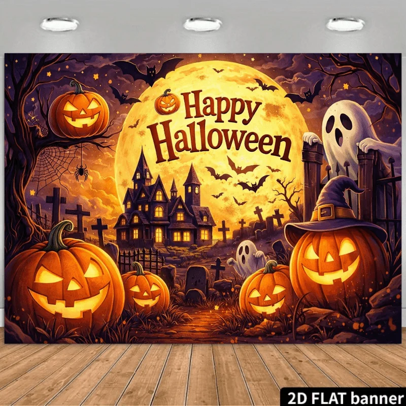 2D Flat Bat & Spider Web Backdrop Suitable For Halloween Horror Theme Decorations With Giant Orange Full Moon Glowing Jacko'Lant
