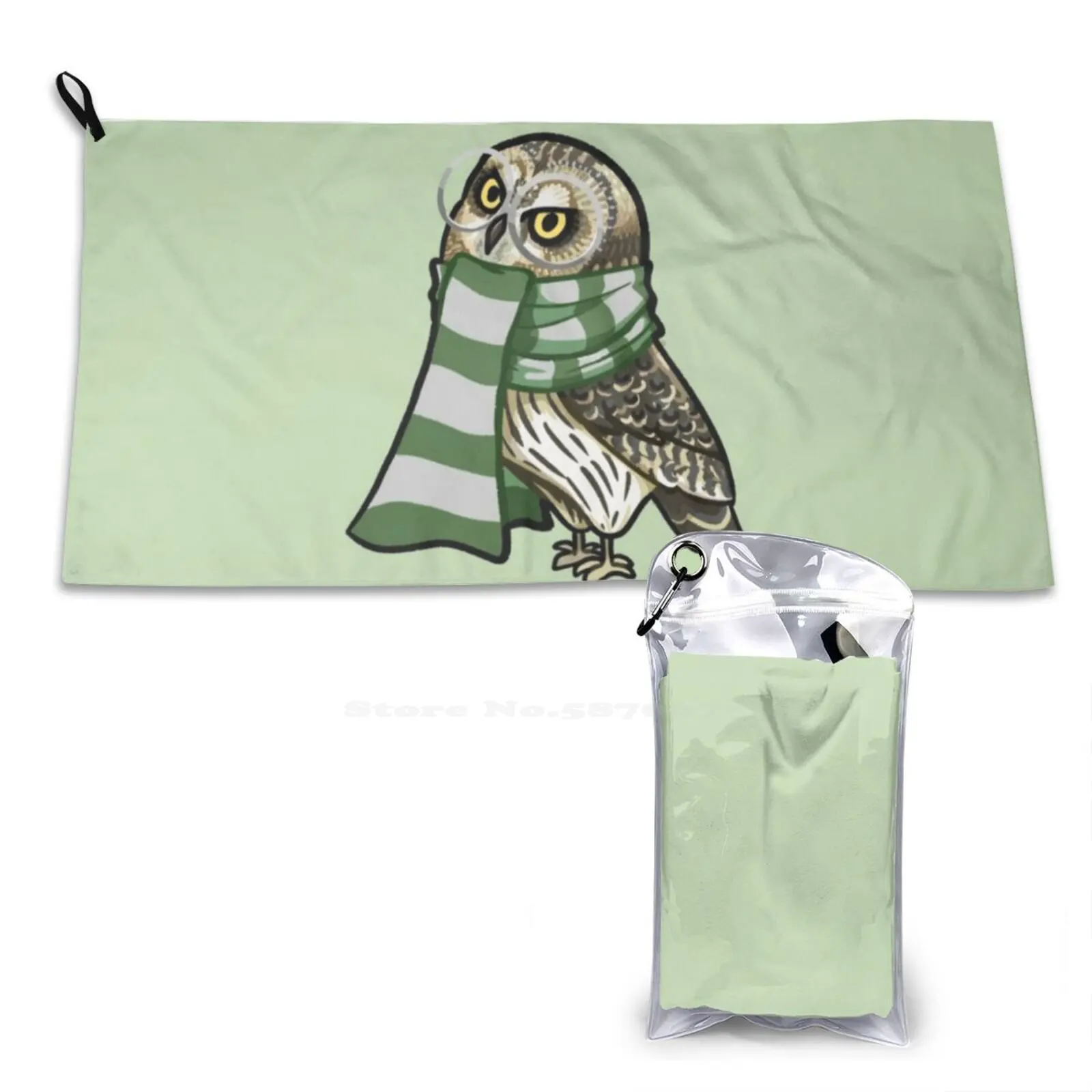 Cunning Short-Earred Owl With Scarf Soft Towel Quick Dry Beach Towel Shortearred Green Grey Gray Silver Glasses Houses Snake