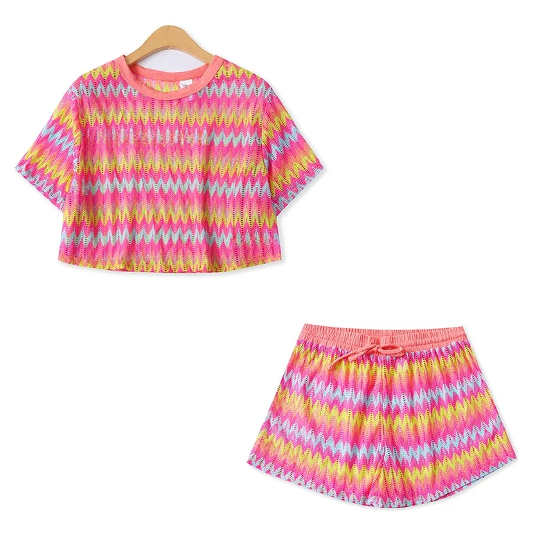 Conjunto de rayas de colores, novedad de verano, cseta hoada de manga corta para mujer, plones cortos elásticos, ven...
