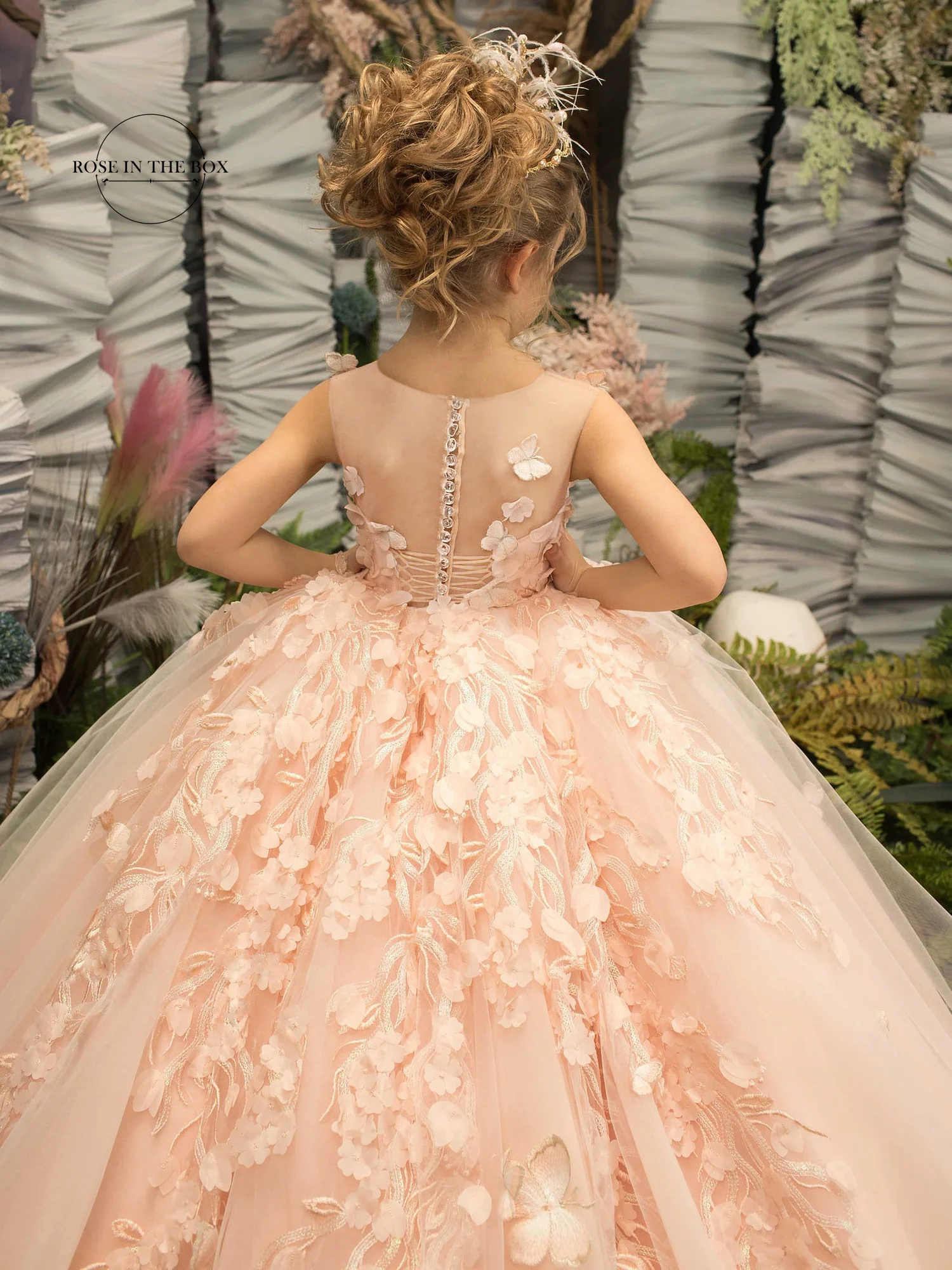 Vestidos de encaje rosa perla para niña, vestidos florales de tul para bodas, vestido de baile de dama de honor Junior, vestido de primera comunión,