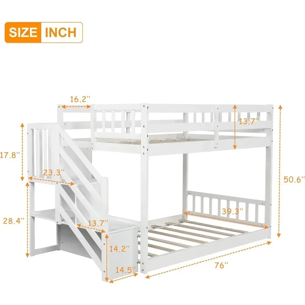 Bunk Bed ,with Storage Staircase, Twin Size Bunks Beds for Kids, Teens, No Box Spring Needed,  Wood Bunk Bed Frame