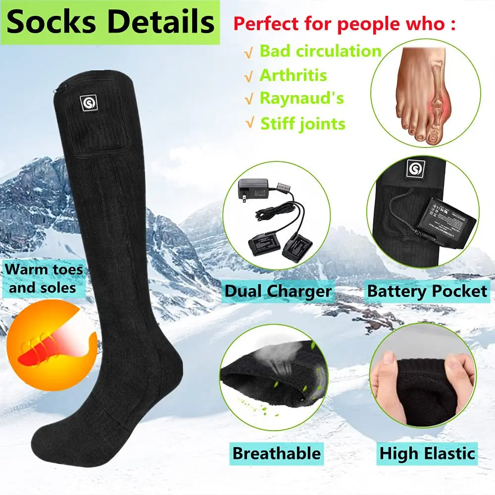 Electric Rechargeable Battery Socks, Warm Winter Socks,Thermal Heating Socks, Foot Warmers for Hunting and Skiing, 7.4V, 2200mAh