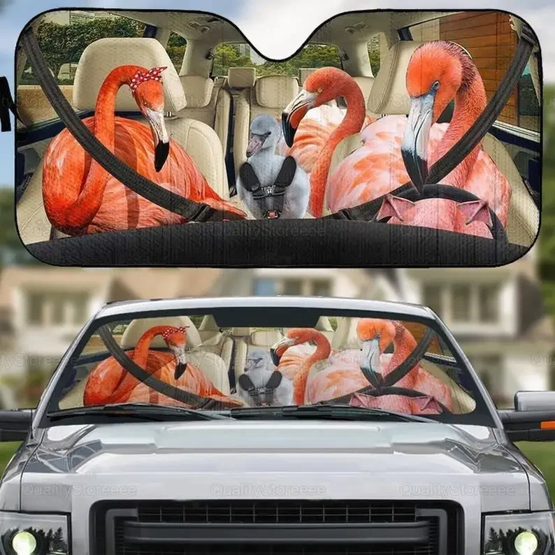 Pare-soleil de voiture de famille de flamant rose, pare-soleil de voiture d'oiseau, décoration de voiture de flamant rose, décor de cadeau de flamant rose, cadeau pour lui, fête des mères