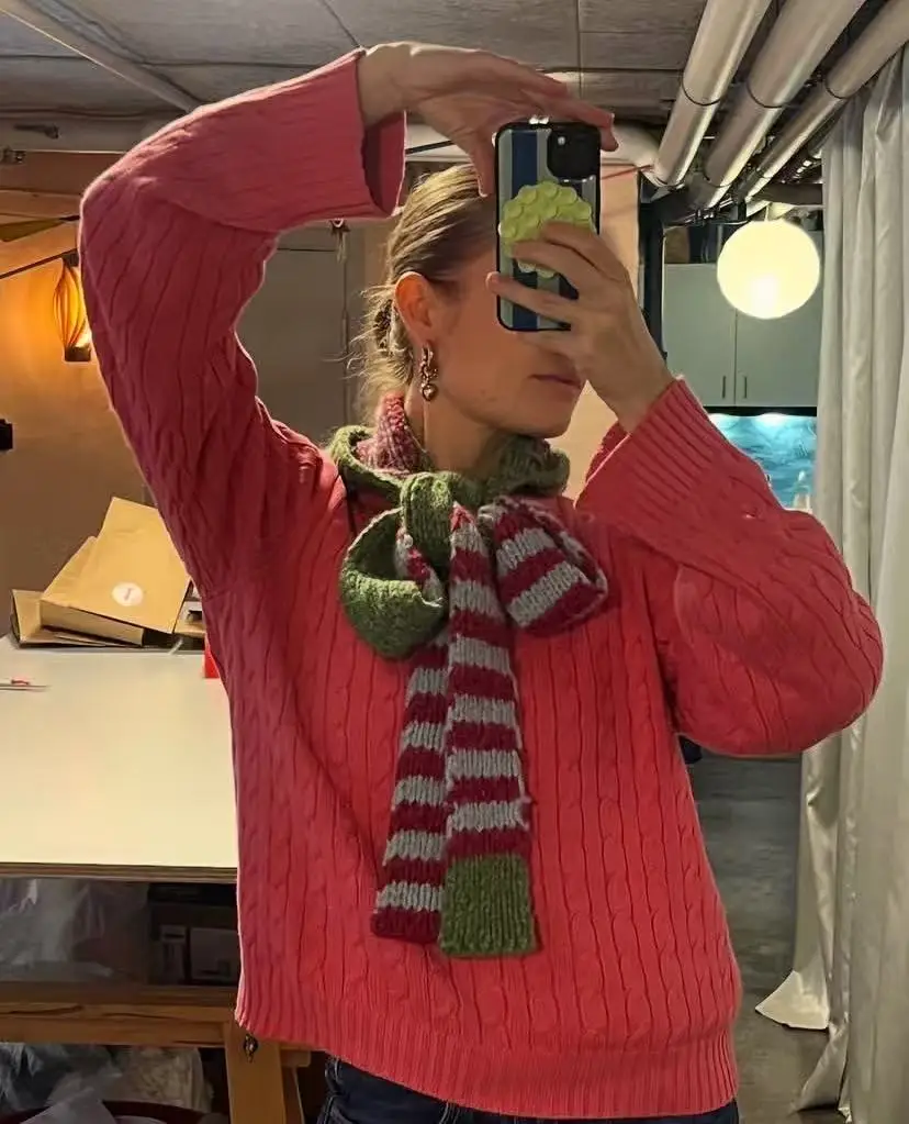Ladies' Korean Fashion Versatile Knitted Striped Headcap Scarf Retro Checkered Knitted Korean Edition