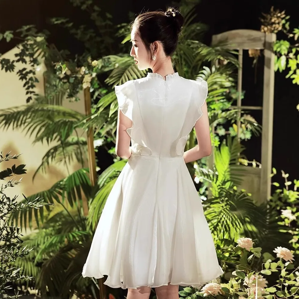 فستان أبيض برقبة دائرية فساتين زفاف حلوة بأكمام جامعية للعروس وحفلات التخرج المسائية وحفلات الضيوف فستان نسائي رسمي #4