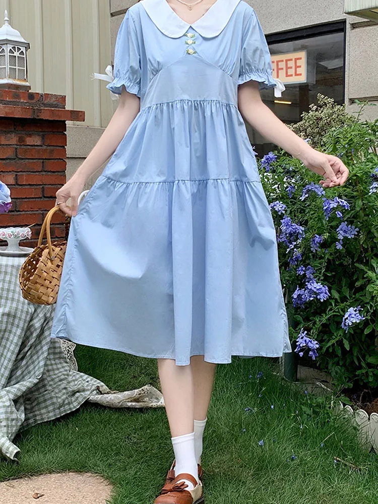 Japanese Chic Sweet Mori Girl Blue Pink Women Floral Midi Dress Summer Peter Pan Collar Oversized Thin Elegant Mid-Calf Dresses