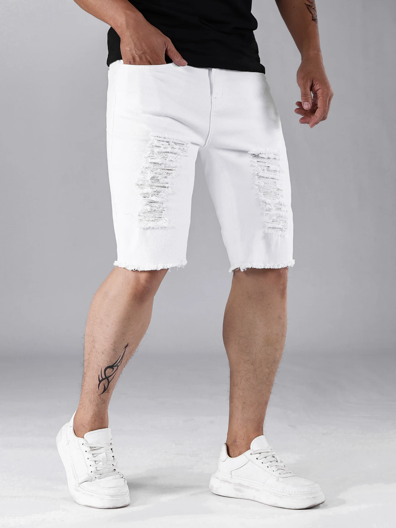 

Мужские летние повседневные белые рваные джинсовые шорты 2026 года, модные джинсовые шорты до колена с необработанным краем, уличная одежда, мужские брюки