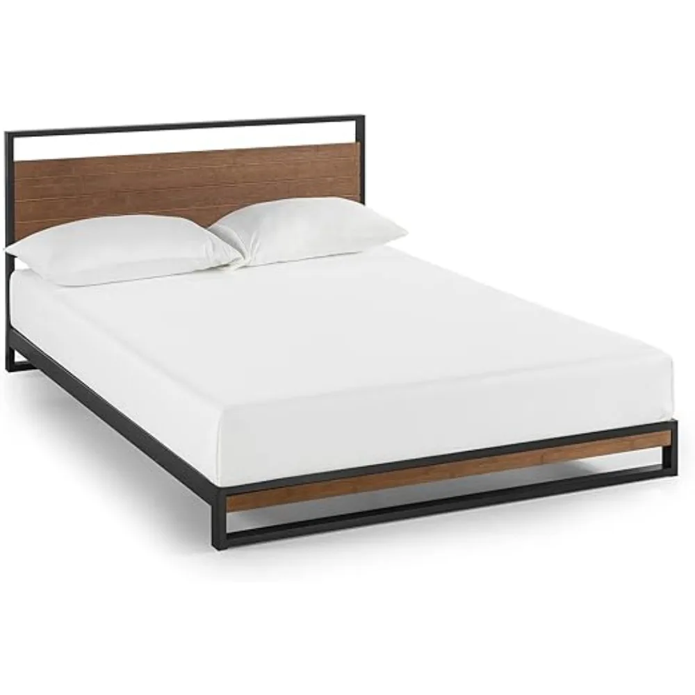 Bamboo and Metal Platform Bed Frame, Solid Steel Construction, No Box Spring Needed, Wood Slat Support, Easy Assembly