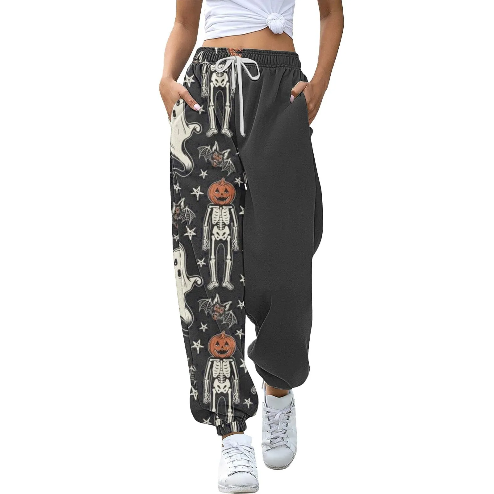 

Gothic Sport Casual Women Sweatpants 2024 High Waist Elastic Skeleton Pumpkin Print Pants With Pockets Halloween Baggy Trousers