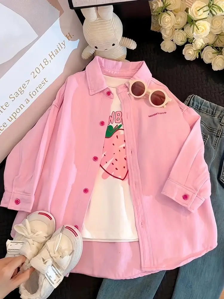 Girls Jacket 2026 Spring Autumn New Stylish Big Girls Spring Autumn Pink Denim Shirt Kids Korean Trendy Top
