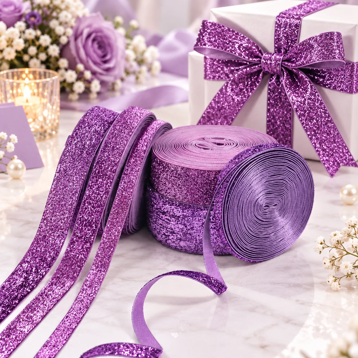 Purple Glitter Ribbon Sparkly Christmas Ribbon for Xmas Tree Decorations Gift Wrapping Bow Making Holiday Party DIY Crafts