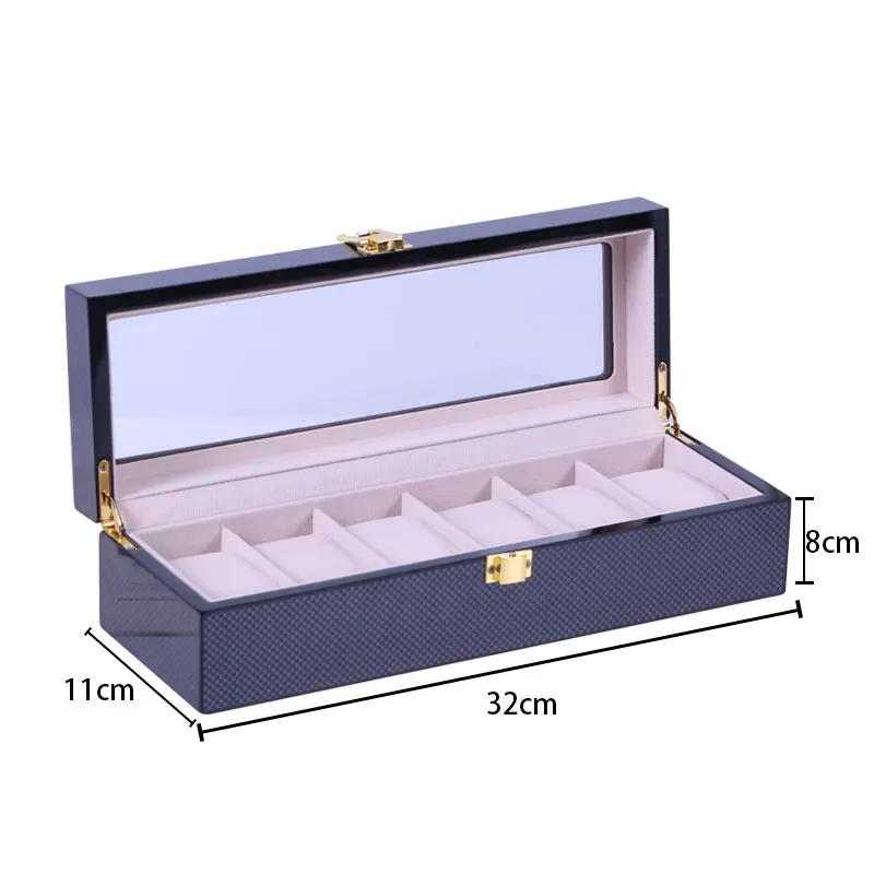 1PCWatch Box 6/10/12 Carbon Fiber Pattern Spray Paint Glass Packaging Wooden Watch Box With Glass Top Removal Storage Pillow