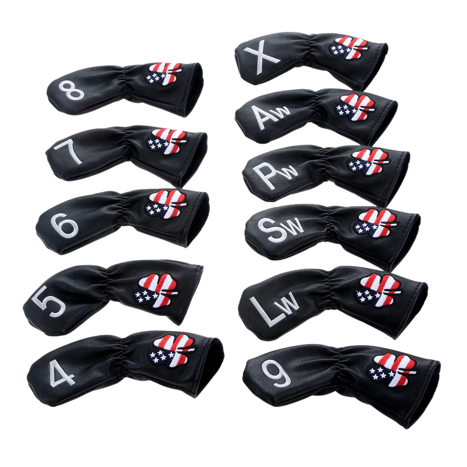11pcs Lucky Clover Pattern Golf Putter Cover PU Leather Golf Iron Head Covers Protector Number 4,5,6,7,8,9,Aw,Sw,Pw,Lw,X