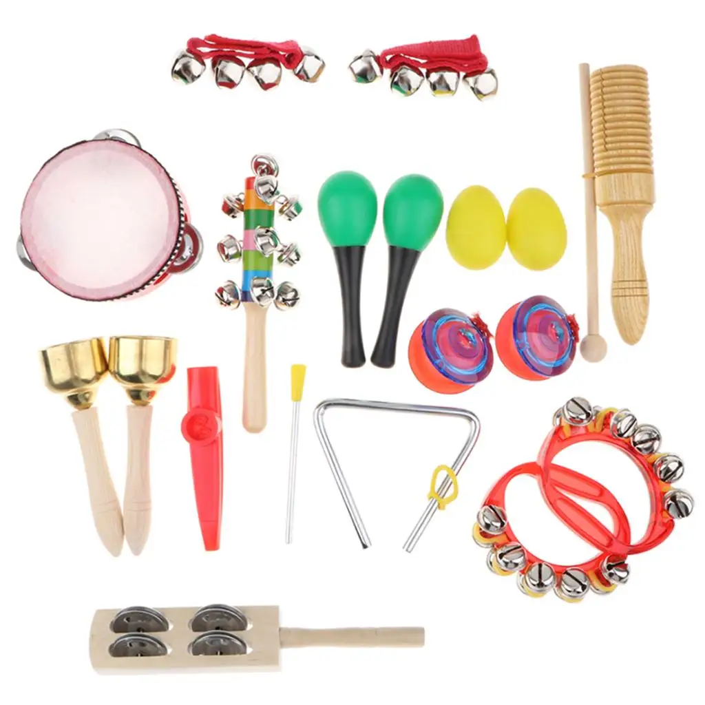 Musical Instruments 18 pcs 12 in 1 Music Rhythm Percussion Toy Set Educational Toy for Kids Tambourine Claves Handbell Set Bag