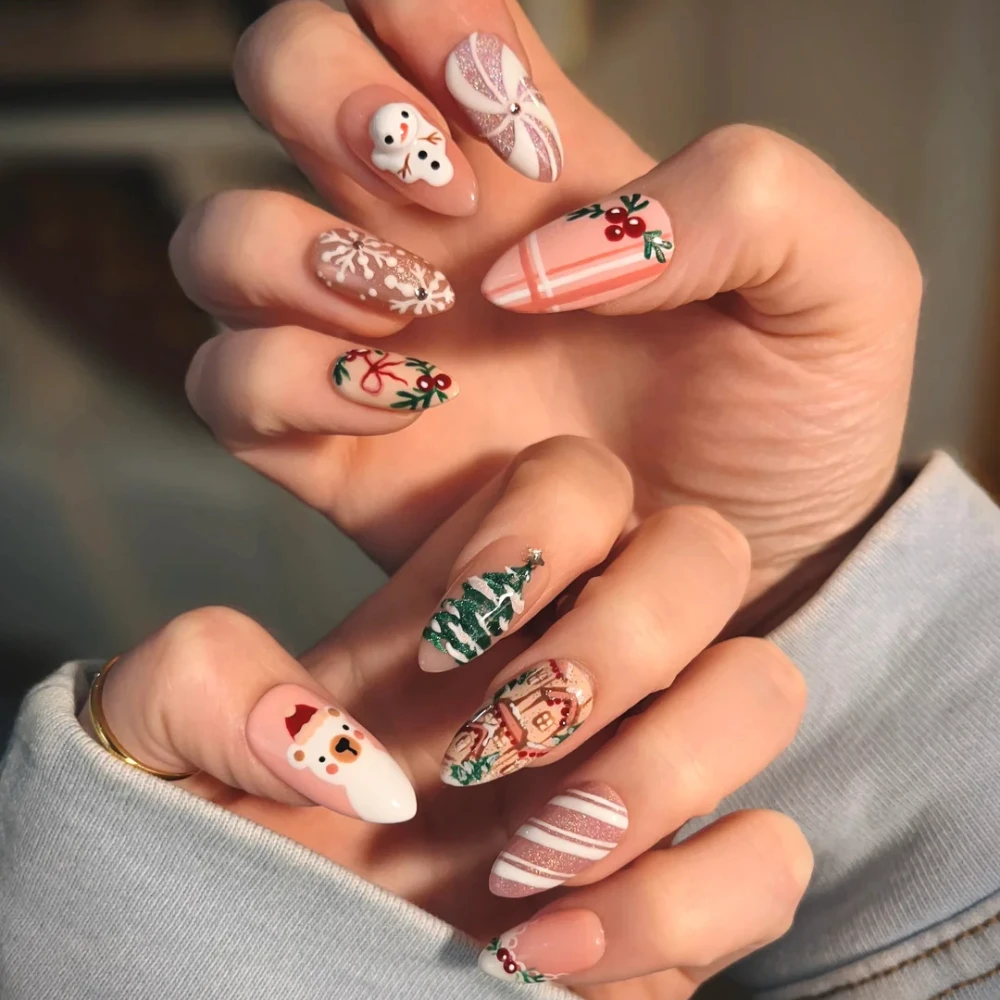 10 قطعة عيد الميلاد الصحافة على الأظافر اليدوية اللوز الأظافر وهمية اللوحة لطيف الثلج تصميم الأظافر كاذبة قابلة لإعادة الاستخدام الأظافر مجموعة للنساء #2