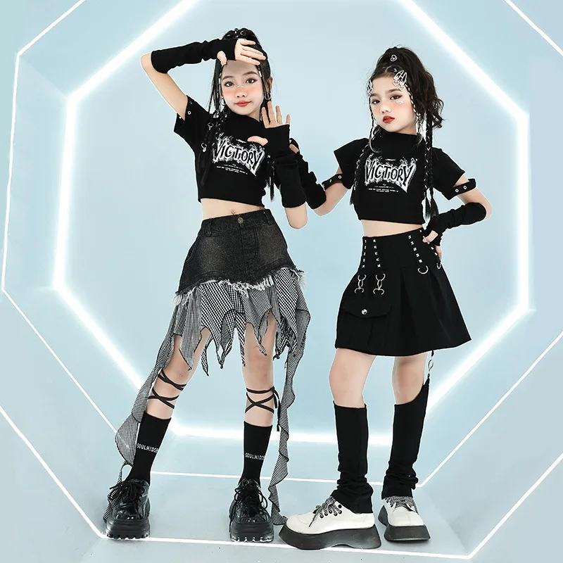 

Girls Costume Summer Chidren Hip Hop Costume Cotton Black Short Sleeve Crop Shirt T-Shirt Denim Skirt 2 Piece Jazz Dance Dress