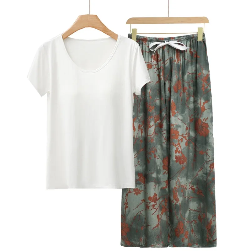Modal Viscose Pajamas Sets 3 Season Floral Homewear 2pcs Braless Short Sleeve with Removable Padding Lady's Loungewear
