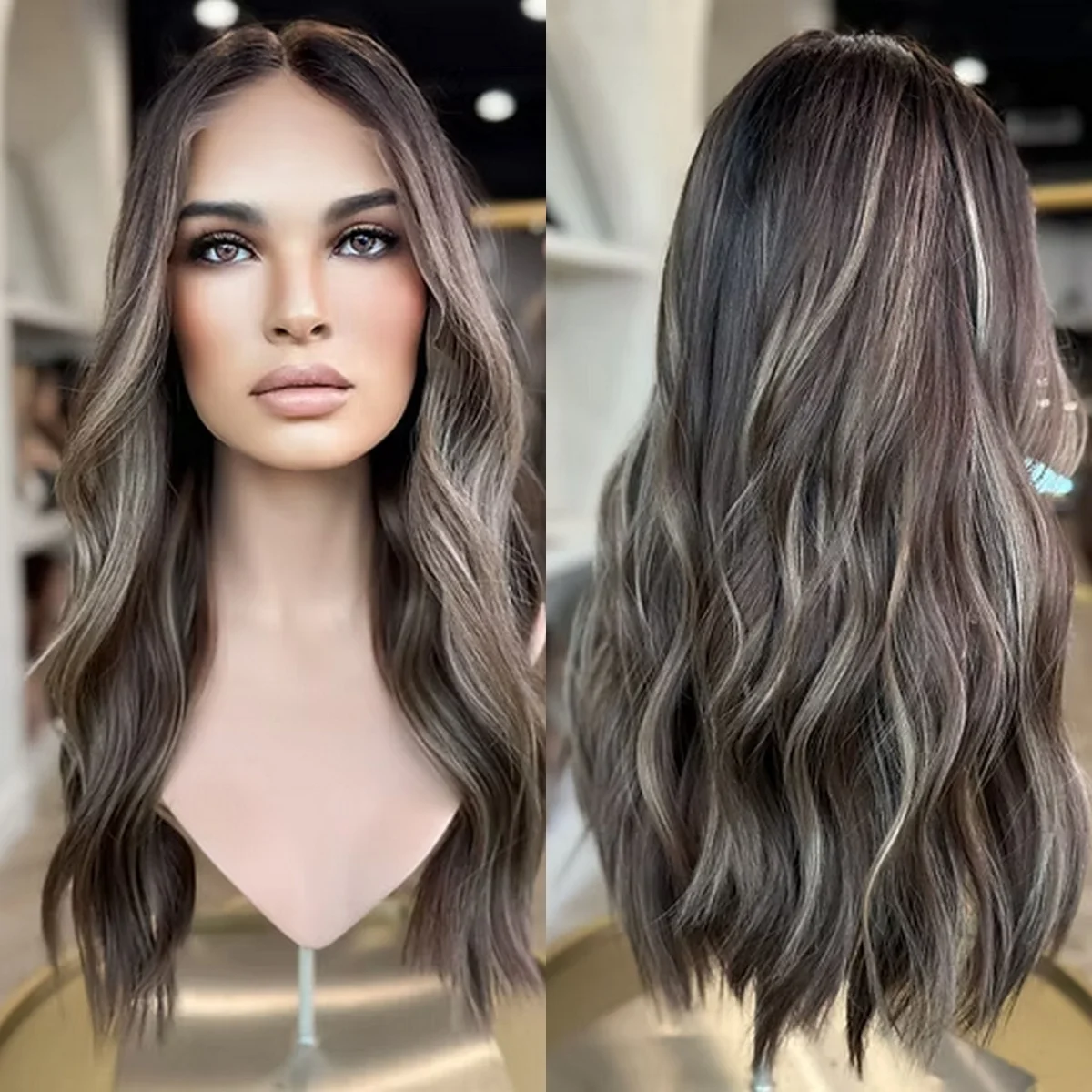 

Парики Balayage, свободные волны, длинный женский парик со средним пробором, темно-коричневый, со светлыми бликами, бесклеевые парики, синтетические волосы