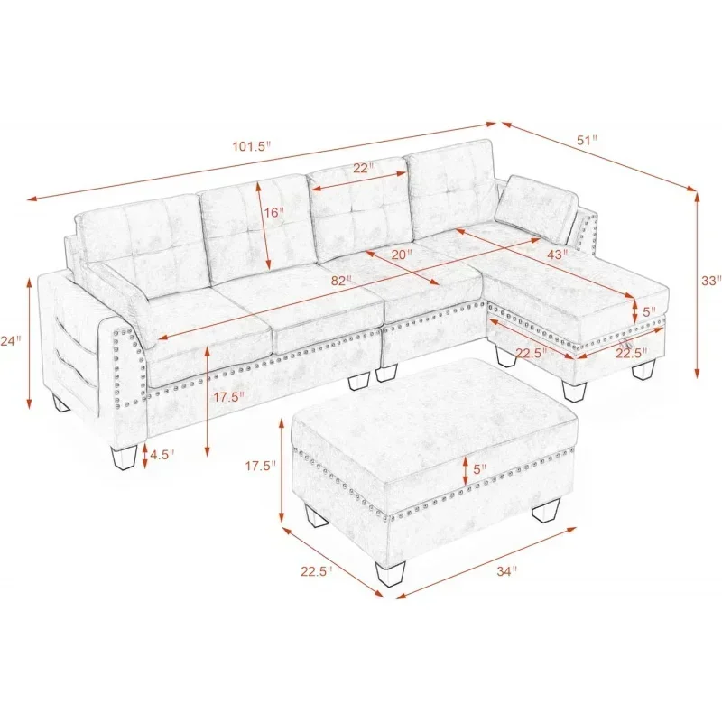 Living Room Furniture Sets,Sectional Sofa with Storage L-Shaped 2 Pillows&Extra Wide Reversible Chaise,Upholstered