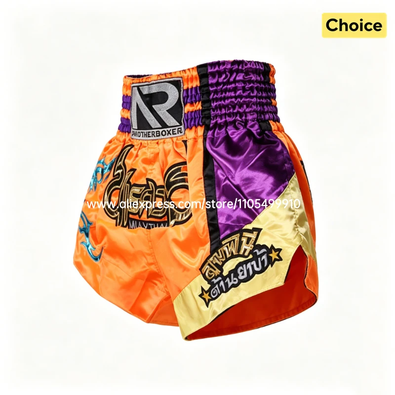 Pantalones Cortos de Muay Thai Naranja, Pantalones Cortos de Boxeo Tailandés Bordados, Pantalones Cortos de Kickboxing para Hombres, Mujeres y Niños, Pantalones de Entrenamiento de Artes Marciales