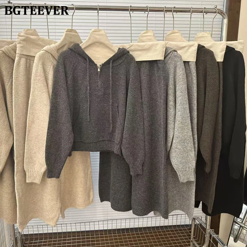 BGTEEVER Casual Warm Ladies 2 Pieces Knitted Trousers Set Long Sleeve Hooded Zippers Sweaters & High Waist Wide Leg Pants