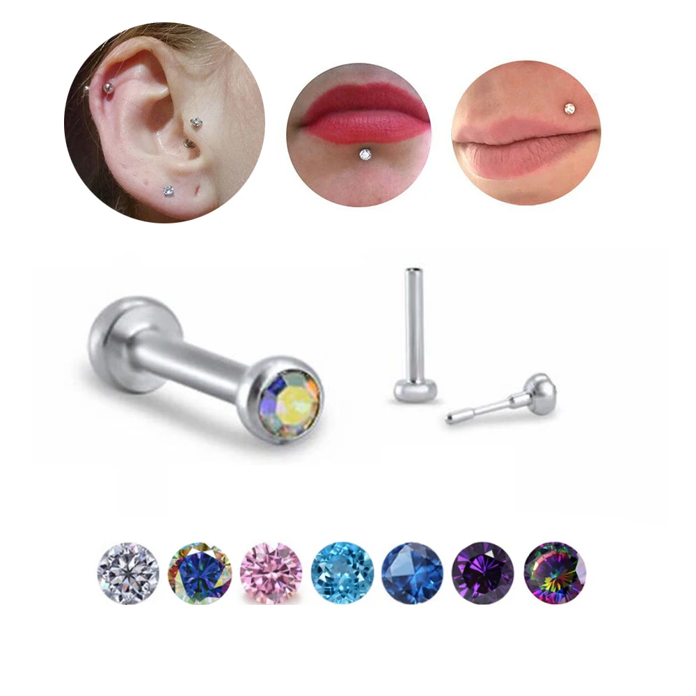 2Pcs 316L Steel 18/16G Threadless Push in Labret Stud CZ Helix Ear Tragus Cartilage Earring Labret Lip Ring Body Pircing Jewelry