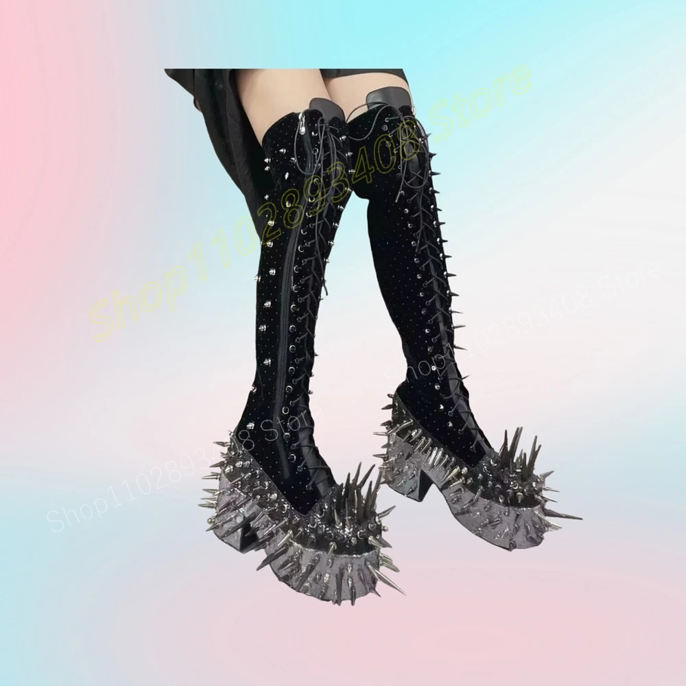 

Metal Round Rivets Decor Over the Knee Boots Cross Tied Crystals Chunky High Heel Punk Fashion Sexy Women Shoes 2024 Para Mujere