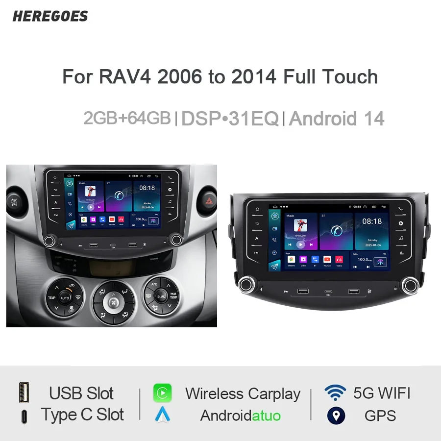 7“Android Car Radio For RAV4 2006 to 2014 Full Touch Wireless CarPlay Android Auto GPS Nav Bluetooth Steering Control