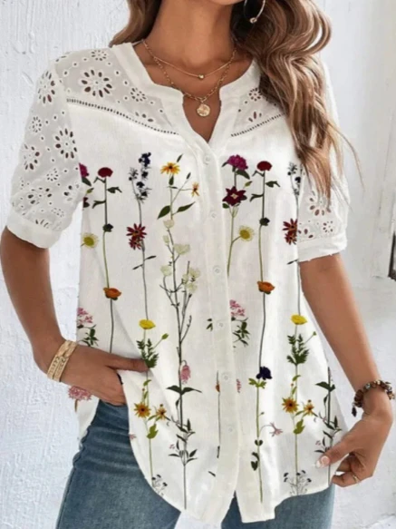 قميص نسائي جديد بأكمام قصيرة بتصميم ياقة وأزرار، فتحة عنق على شكل حرف V، قصة فضفاضة، مصنوع من ألياف البوليستر، مناسب للصيف، أ...