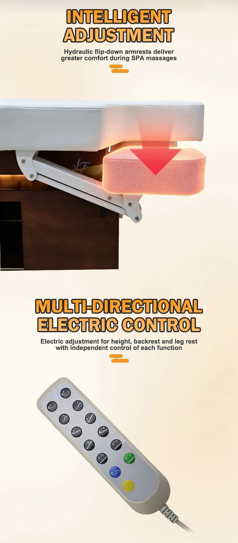 Hochwertiges elektrisch verstellbares, beheizbares Kosmetikbett mit Atemloch und individueller Lederpolsterung für Schönheitssalons – Detail 3