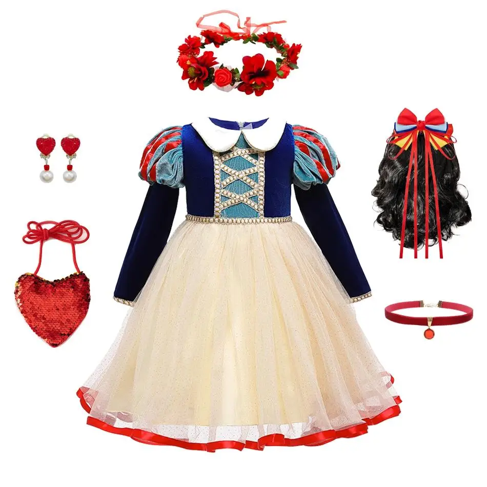 Girls Snow White Princess Dress Blue Velvet Bodice with Beige Tulle Skirt Lace Appliques for Halloween Birthday Party Cosplay