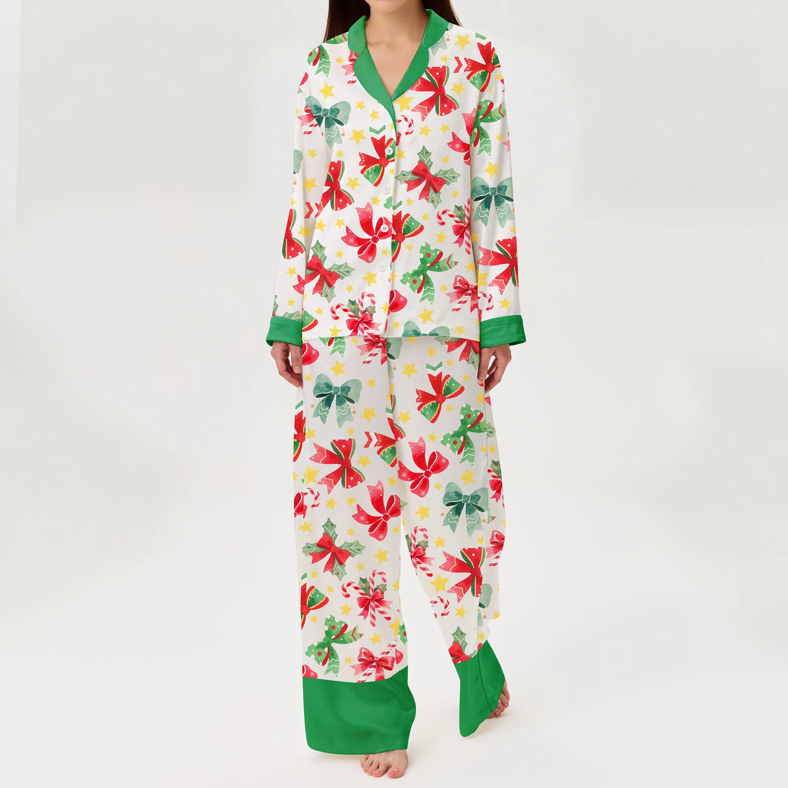 

HEZIOWYUN женский пижамный комплект из 2 предметов, рубашки с отворотом на пуговицах и принтом снежинок/рождественских елок + длинные брюки, домашняя одежда для сна