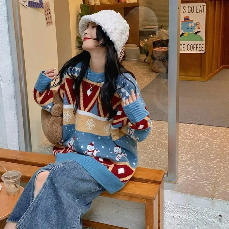 2023 Autumn and Winter Women's Contrast Round Neck Long Sleeve Loose Pullover Knitted Sweater Fashion Casual Formal Tops